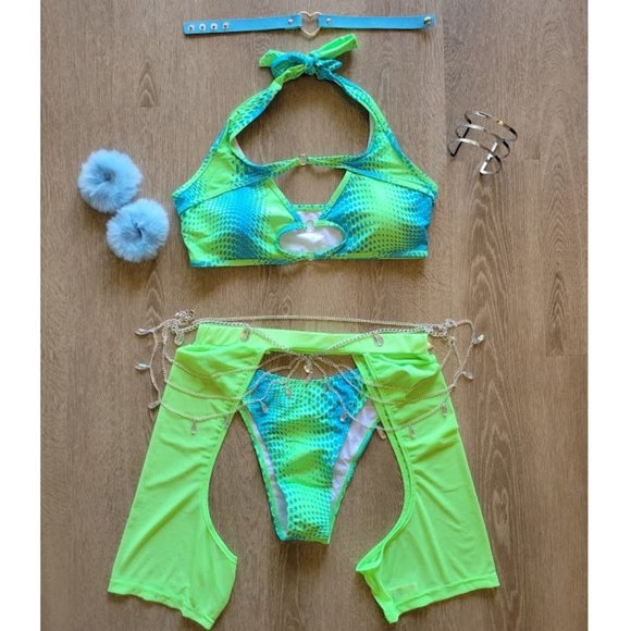 iHeartRaves Tops - Lime Green & Blue Chaps Full Rave Festival Outfit NWOT